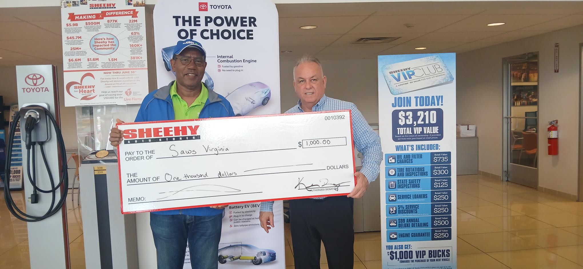 Read more about the article Sheehy Toyota of Fredericksburg Donates $1,000 to SAWs Virginia to Support Accessibility for Those in Need